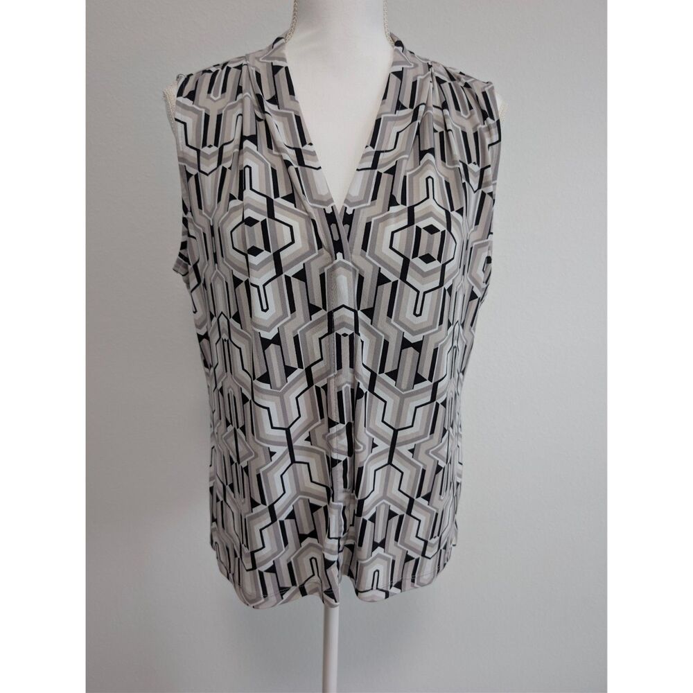 Calvin Klein Sleeveless V-Neck Geometric Blouse Top Grayscale Art Deco PXL